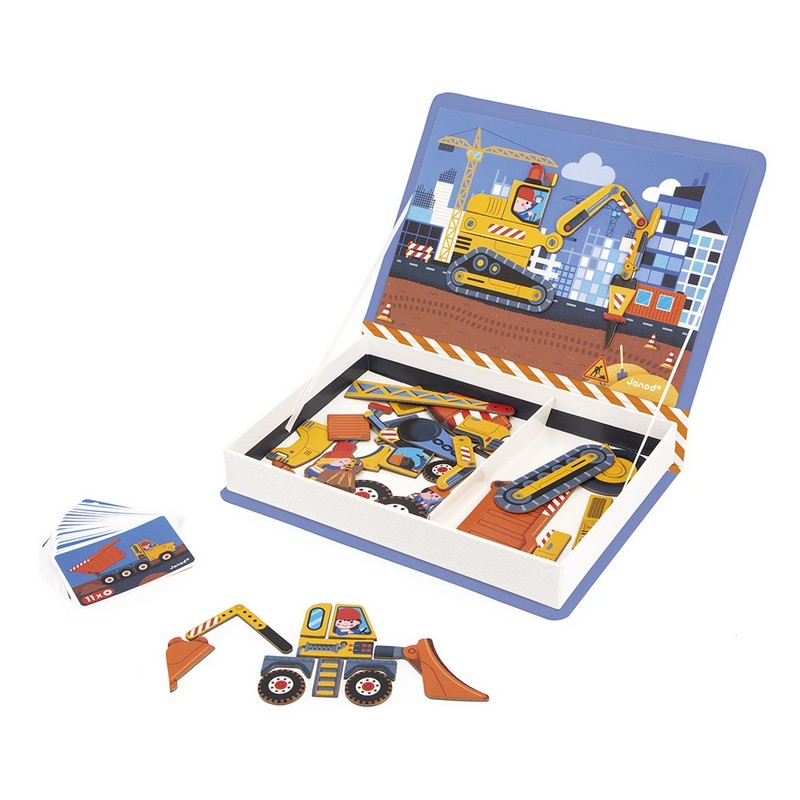 Libro magnetico per bambini a tema costruzioni con 50 magneti e 18 modelli da seguire